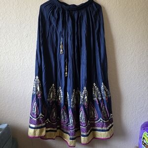 Women’s Indian Maxi Skirt Navy Gold Paisley Boho Ethnic Elastic Waist